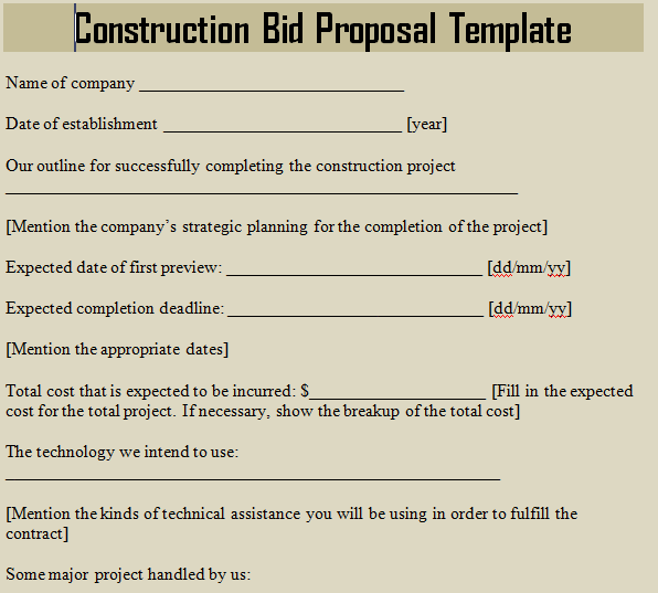 Construction Bid Proposal Template - Microsoft Excel Templates
